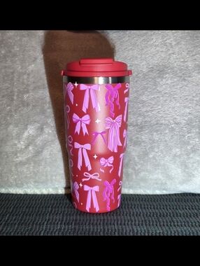 Insulated Red Travel Tumbler with Pink Bow Pattern